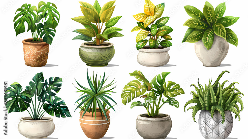 Obraz premium Set of different plants in pots isolated on white background illustration
