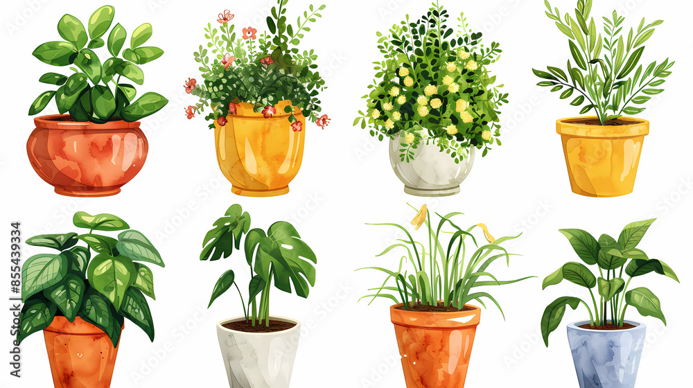 Obraz premium Set of different plants in pots isolated on white background illustration