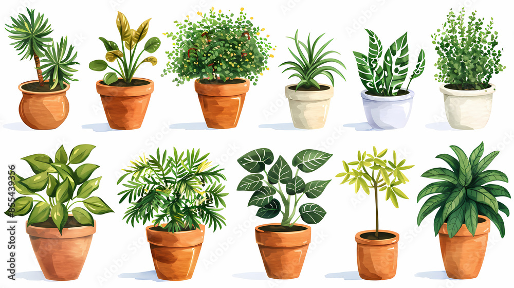 Set of different plants in pots isolated on white background illustration Set of different plants in pots isolated on white background illustration