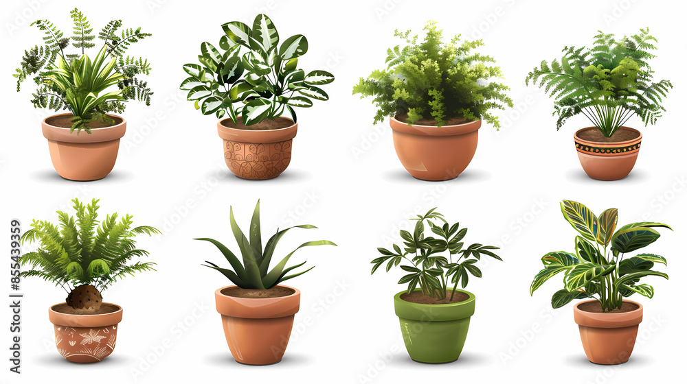 Obraz premium Set of different plants in pots isolated on white background illustration