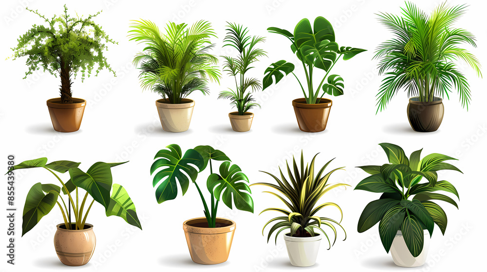 Obraz premium Set of different plants in pots isolated on white background illustration