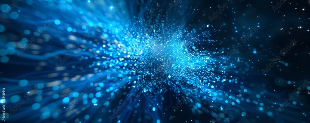 Abstract blue particle explosion, cosmic digital background. Futuristic space and technology concept