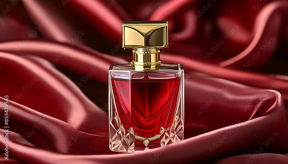 perfume bottle on red background.a red perfume bottle with gold trim on a rich red fabric background. The image should convey a sense of sophistication and allure, ideal for luxury perfume branding.