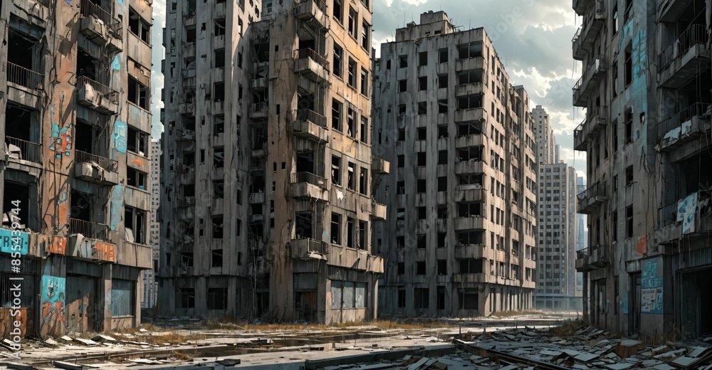 abandoned post apocalyptic urban city ruins. empty aged old building exterior derelict. decayed skyscraper apartment buildings. abandoned post apocalyptic urban city ruins. empty aged old building exterior derelict. decayed skyscraper apartment buildings.