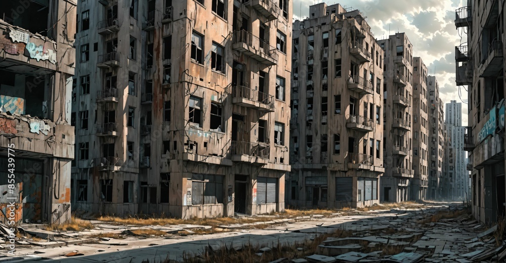 abandoned post apocalyptic urban city ruins. empty aged old building exterior derelict. decayed skyscraper apartment buildings. abandoned post apocalyptic urban city ruins. empty aged old building exterior derelict. decayed skyscraper apartment buildings.
