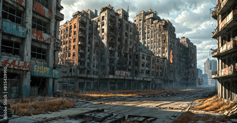 Fototapeta premium abandoned post apocalyptic urban city ruins. empty aged old building exterior derelict. decayed skyscraper apartment buildings.