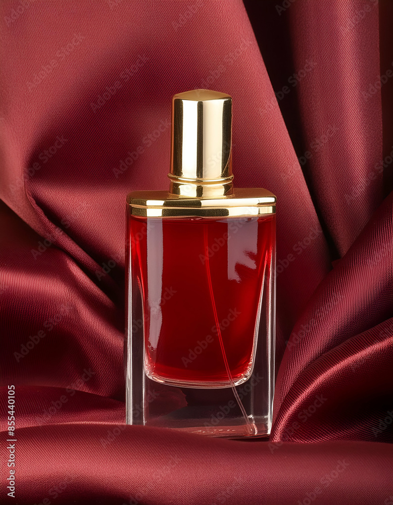 perfume bottle.red perfume bottle with gold trim, elegantly placed on a deep red fabric backdrop. The composition should capture the essence of luxury and exclusivity, suitable for high-end fragrance perfume bottle.red perfume bottle with gold trim, elegantly placed on a deep red fabric backdrop. The composition should capture the essence of luxury and exclusivity, suitable for high-end fragrance