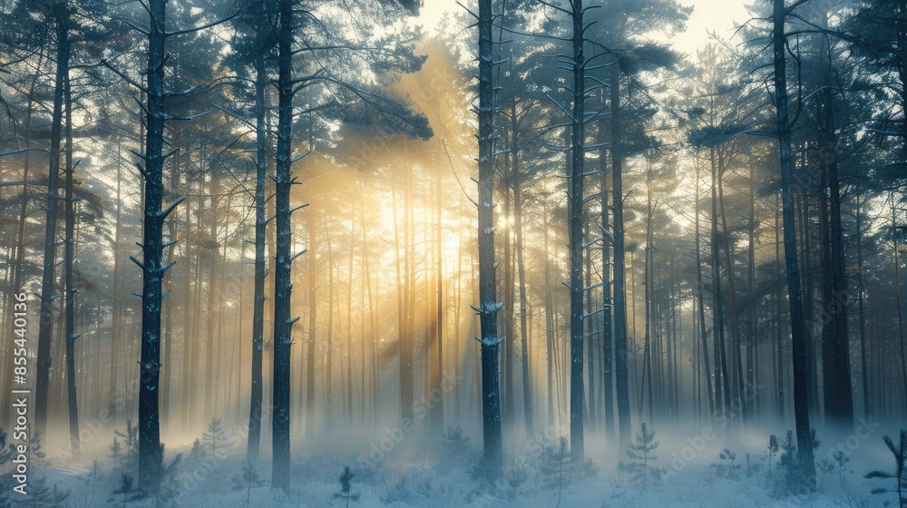 A tall pine forest on a winter morning with fog creeping through the trees under the sunlight forming beautiful patterns A tall pine forest on a winter morning with fog creeping through the trees under the sunlight forming beautiful patterns