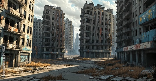 abandoned post apocalyptic urban city ruins. empty aged old building exterior derelict. decayed skyscraper apartment buildings. © Shane Sparrow