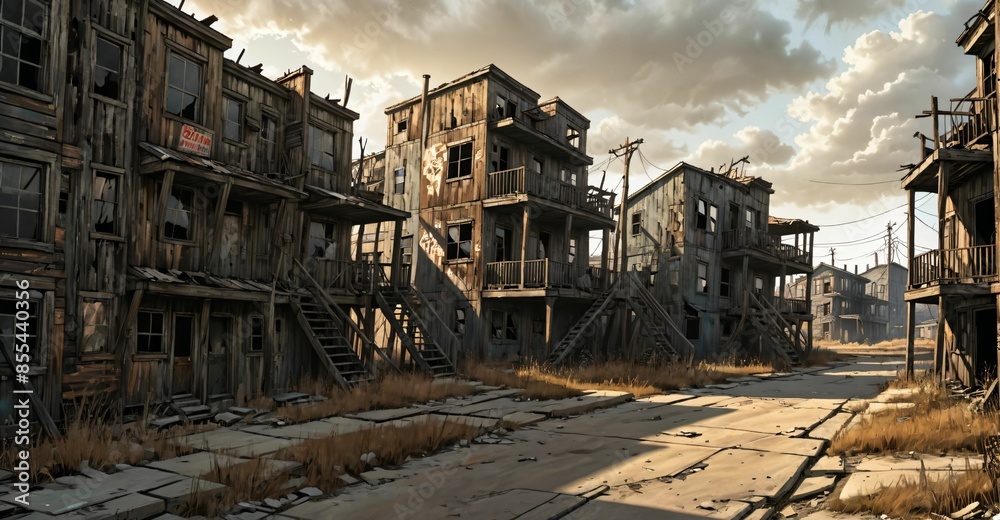 Fototapeta premium abandoned post apocalyptic urban city town house ruins. empty aged old building exterior derelict. decayed skyscraper apartment buildings.