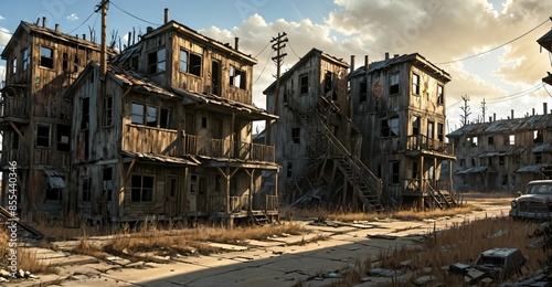 abandoned post apocalyptic urban city town house ruins. empty aged old building exterior derelict. decayed skyscraper apartment buildings.