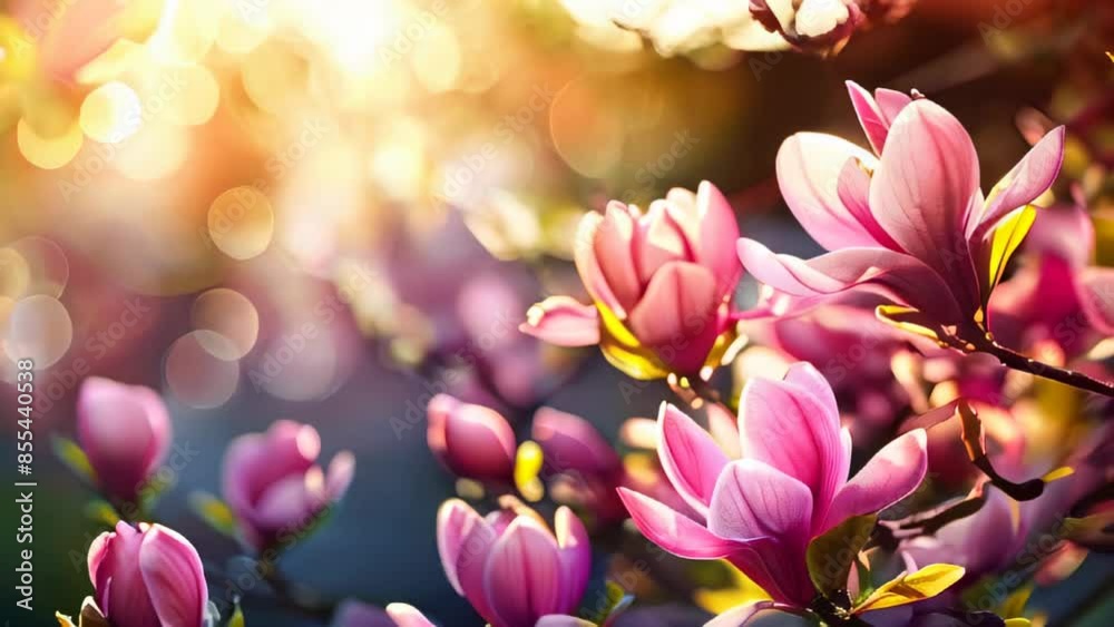 Beautiful pink magnolia flowers illuminated by soft sunlight Beautiful pink magnolia flowers illuminated by soft sunlight