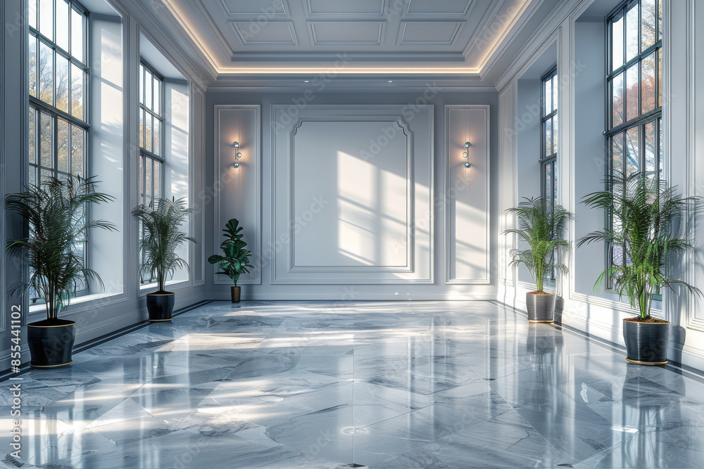 Luxurious hotel reception area with marble and wood accents Luxurious hotel reception area with marble and wood accents