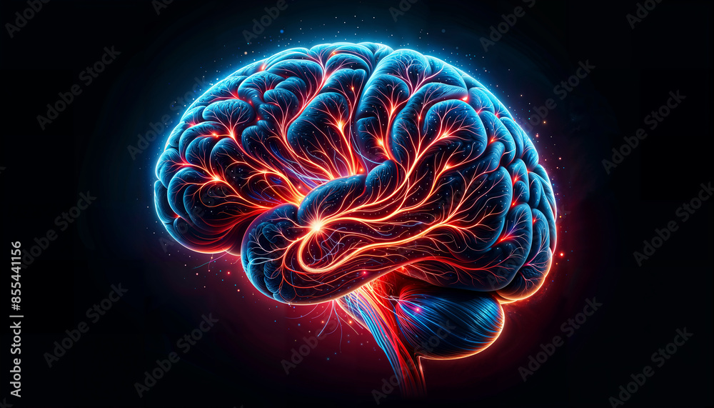 A vibrant, glowing neural network representation of a human brain against a black background. A vibrant, glowing neural network representation of a human brain against a black background.