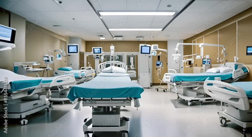 Hospital intensive care room with beds and medical equipment Hospital intensive care room with beds and medical equipment