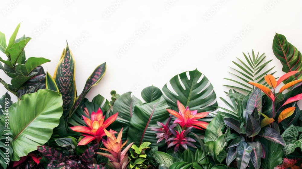 Fototapeta premium Lush botanical tropical background with vibrant flower and empty white space for text