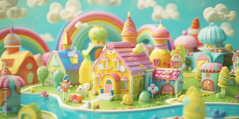 Tiny cute isometric A beautiful rainbow village morning scene. Sunlight shines on the golden wheat field and dozens of small animals are busy. Describe the rainbow village morning scene Tiny cute isometric A beautiful rainbow village morning scene. Sunlight shines on the golden wheat field and dozens of small animals are busy. Describe the rainbow village morning scene