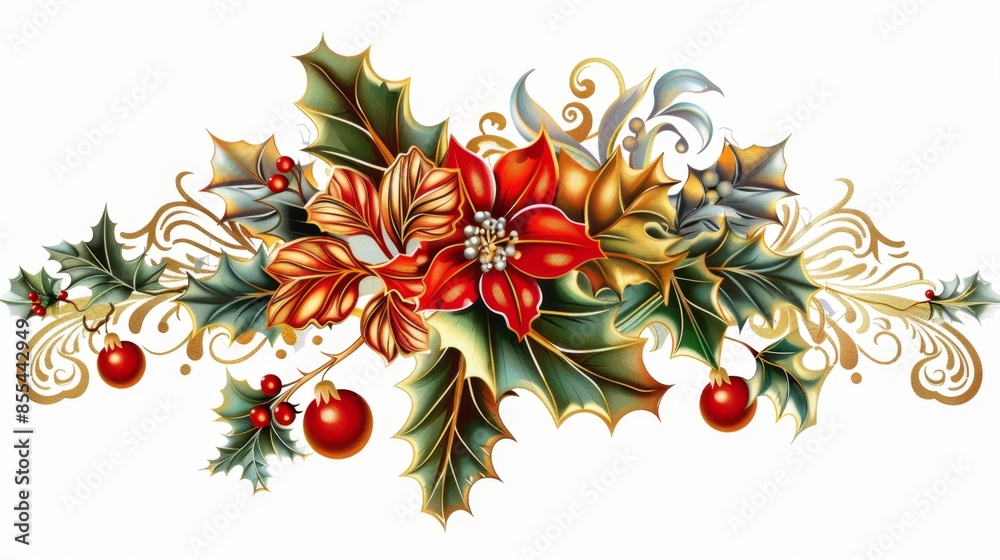 Obraz premium Ornamental graphic poster featuring glossy holly on white background