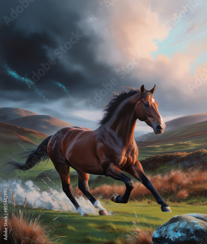 AI generative. Digital artwork of beautiful run horse painting on wild life background. Set 8