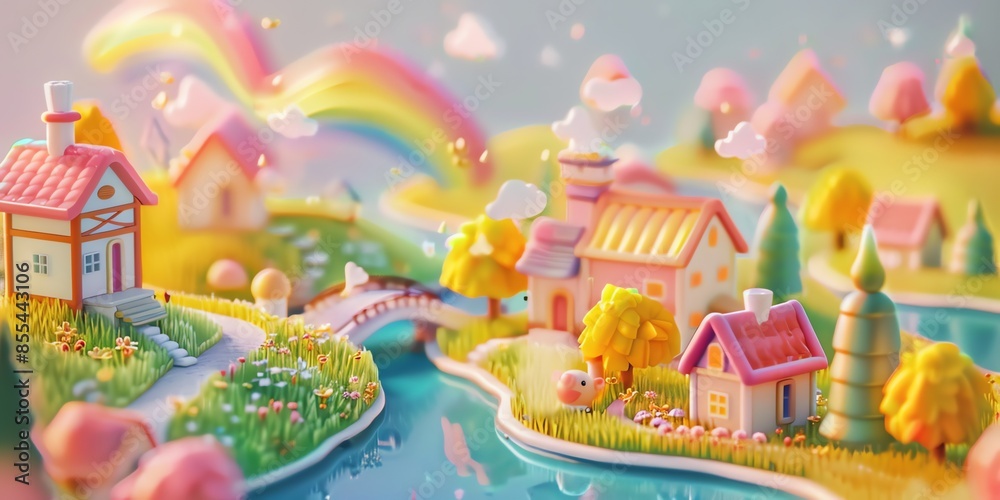 Tiny cute isometric A beautiful rainbow village morning scene. Sunlight shines on the golden wheat field and dozens of small animals are busy. Describe the rainbow village morning scene Tiny cute isometric A beautiful rainbow village morning scene. Sunlight shines on the golden wheat field and dozens of small animals are busy. Describe the rainbow village morning scene