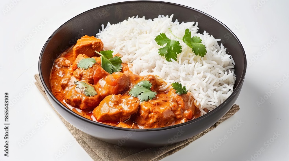 spicy chicken tikka masala curry with rice indian food on white background spicy chicken tikka masala curry with rice indian food on white background
