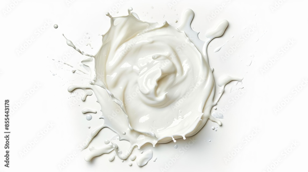 spilled probiotic yogurt puddle isolated on white background top view food photography