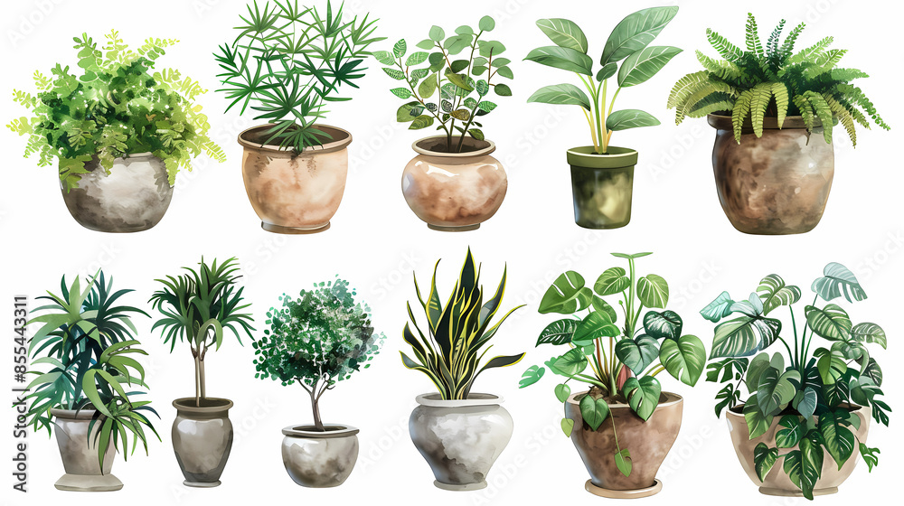Fototapeta premium Set of different plants in pots isolated on white background illustration