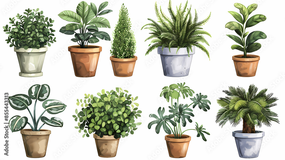 Set of different plants in pots isolated on white background illustration Set of different plants in pots isolated on white background illustration