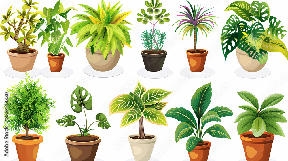 Fototapeta premium Set of different plants in pots isolated on white background illustration