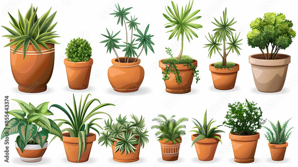 Set of different plants in pots isolated on white background illustration Set of different plants in pots isolated on white background illustration