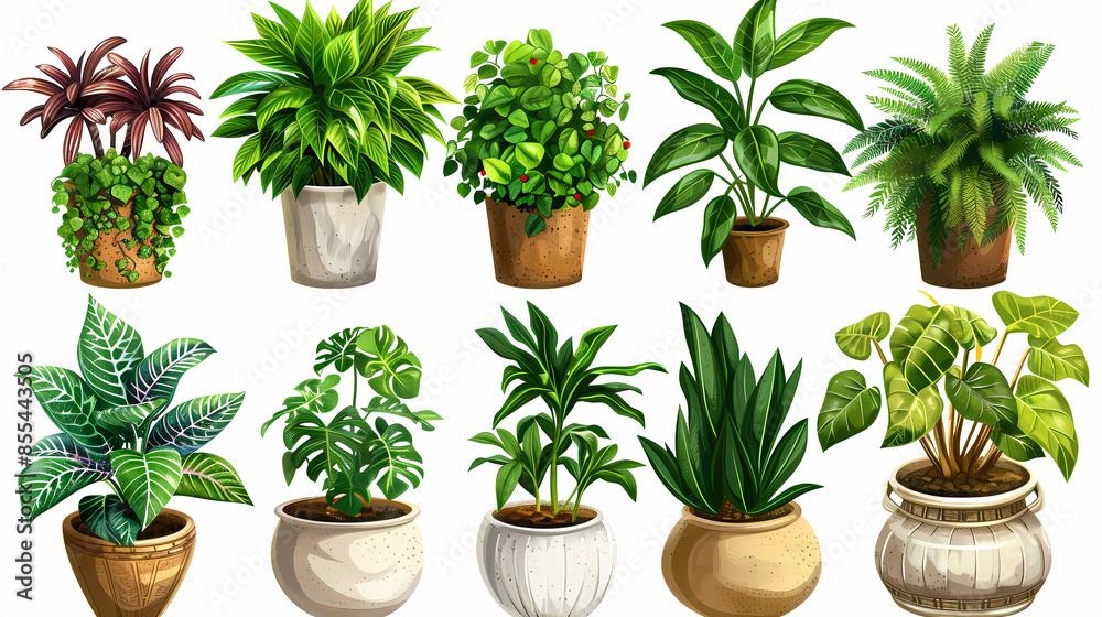 Fototapeta premium Set of different plants in pots isolated on white background illustration