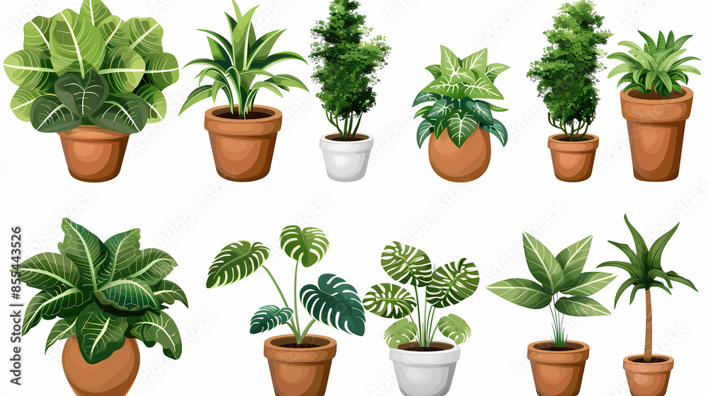 Fototapeta premium Set of different plants in pots isolated on white background illustration