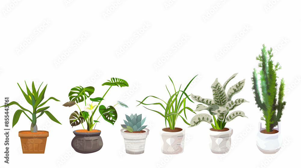 Set of different plants in pots isolated on white background illustration