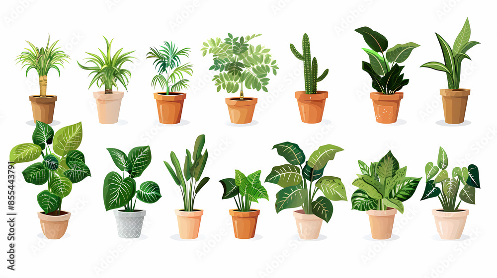 Fototapeta premium Set of different plants in pots isolated on white background illustration