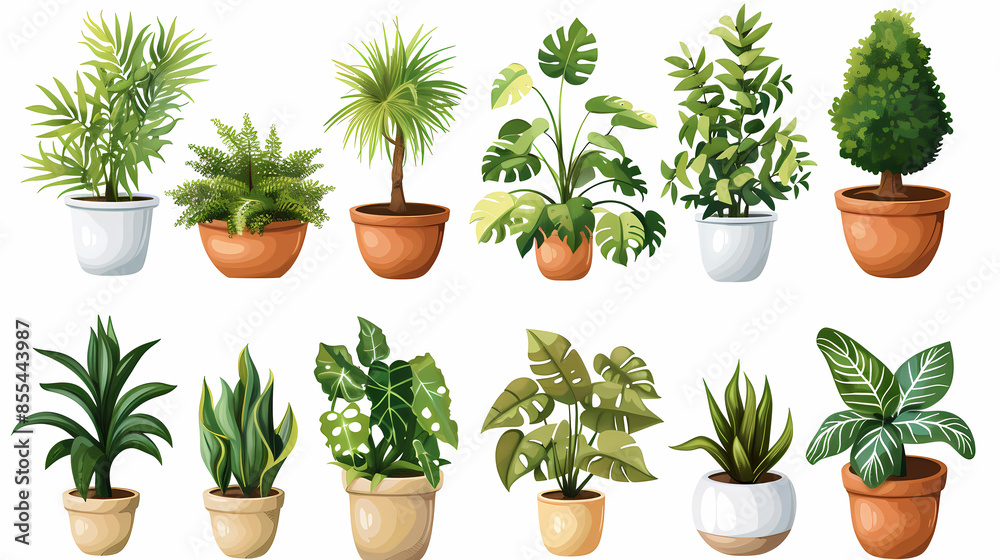 Fototapeta premium Set of different plants in pots isolated on white background illustration
