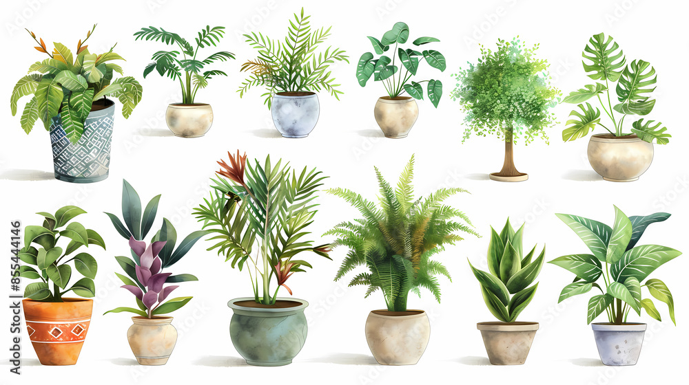 Fototapeta premium Set of different plants in pots isolated on white background illustration