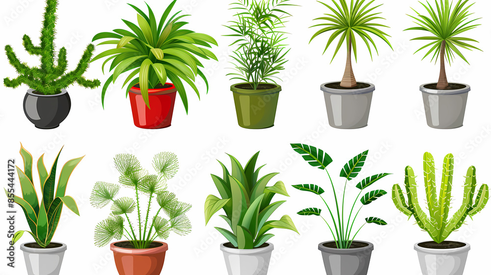 Fototapeta premium Set of different plants in pots isolated on white background illustration
