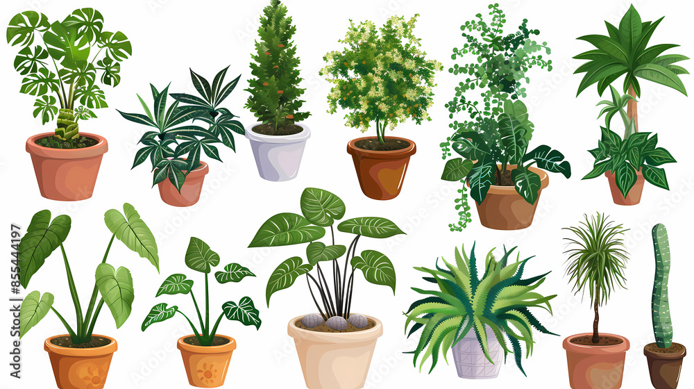 Obraz premium Set of different plants in pots isolated on white background illustration