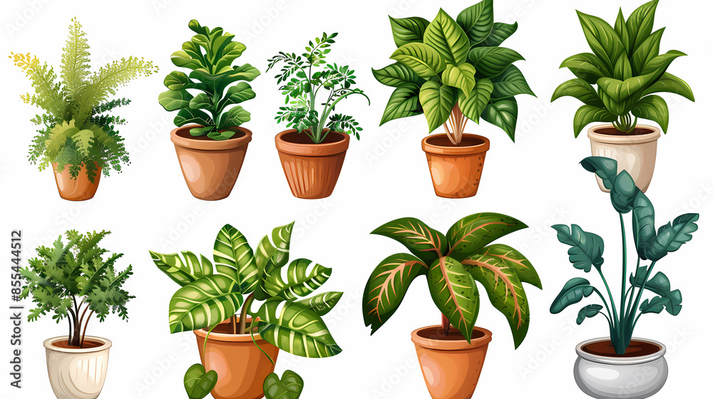 Set of different plants in pots isolated on white background illustration