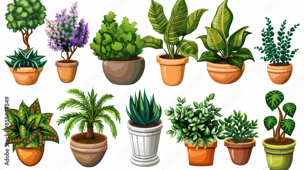 Set of different plants in pots isolated on white background illustration Set of different plants in pots isolated on white background illustration