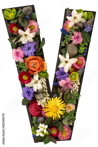 Letter V made of real natural flowers and leaves on transparent background.