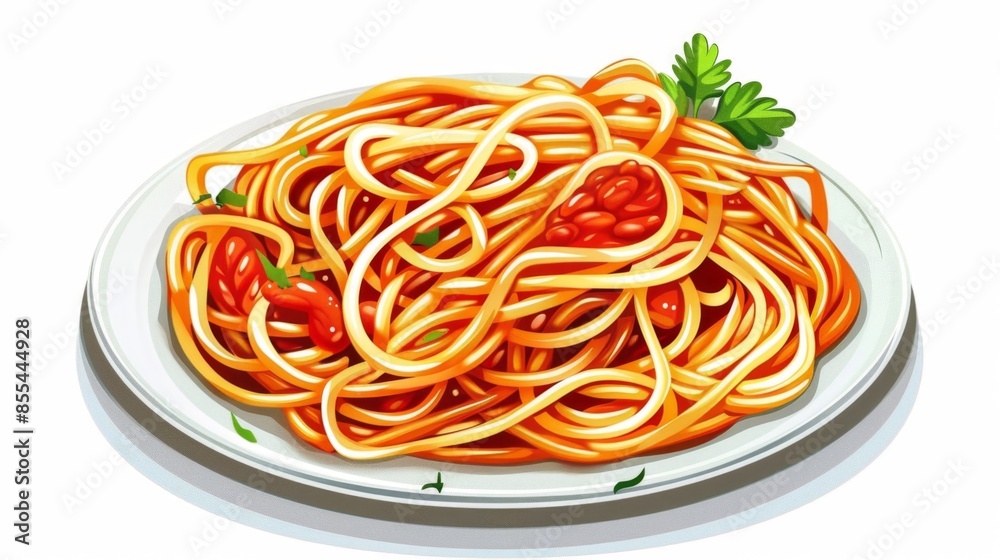 Plate of fast food spaghetti with tomato sauce on white background illustration style Plate of fast food spaghetti with tomato sauce on white background illustration style