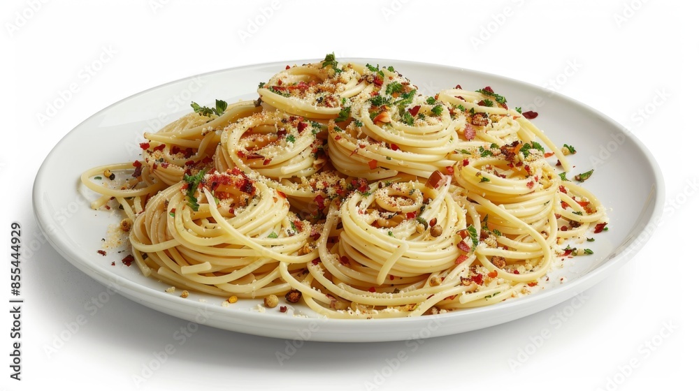Plate of spaghetti aglio e olio with garlic and cheese Plate of spaghetti aglio e olio with garlic and cheese