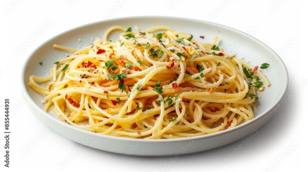 Plate of spaghetti aglio e olio with garlic and cheese Plate of spaghetti aglio e olio with garlic and cheese