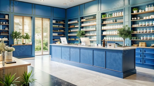 A warm and inviting community pharmacy interior with shelves stacked with medicinal products, a wooden counter, and a consultation area, conveying expertise and care.,hd 8k photo