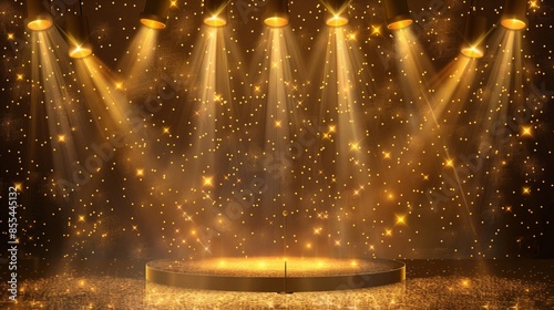 Gold lights rays scene background, bokeh effect, presentation concept
