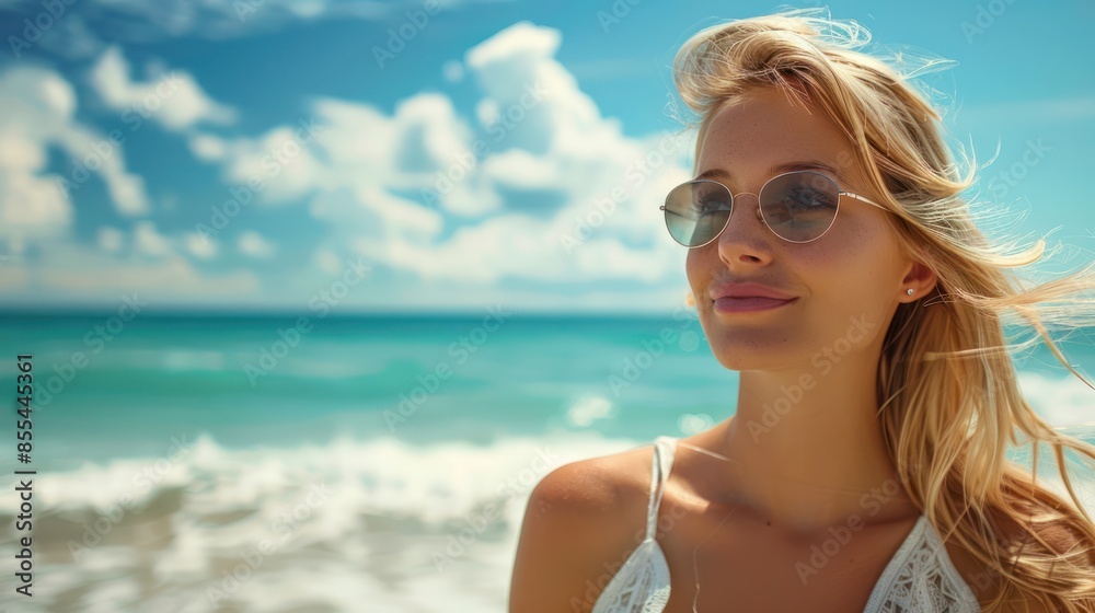Blissful Blonde Basking in Sun on Serene Beach Day Blissful Blonde Basking in Sun on Serene Beach Day