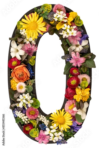 Number 0 made of real natural flowers and leaves on transparent background.