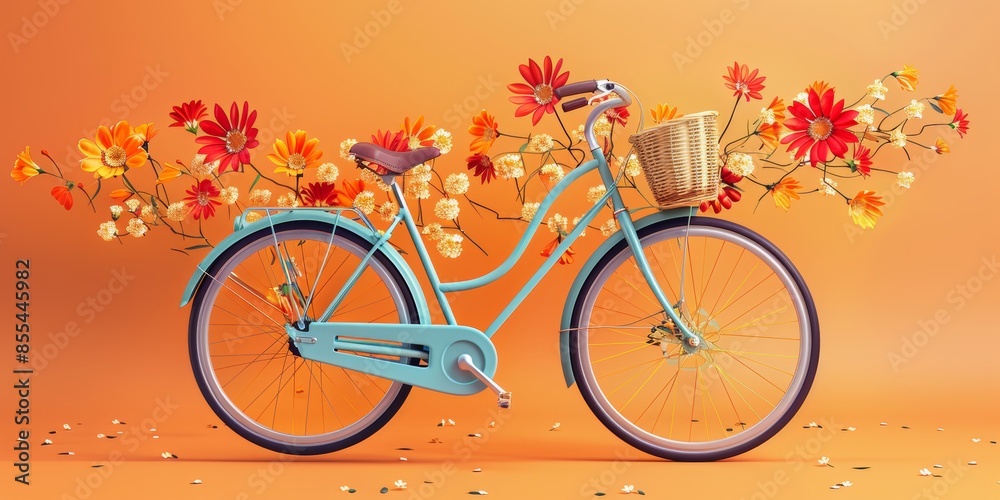 Fototapeta premium Retro blue bicycle with flowers flying out of orange background 