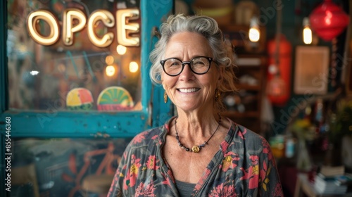 Mature Business Owner Smiling in Front of Open Sign